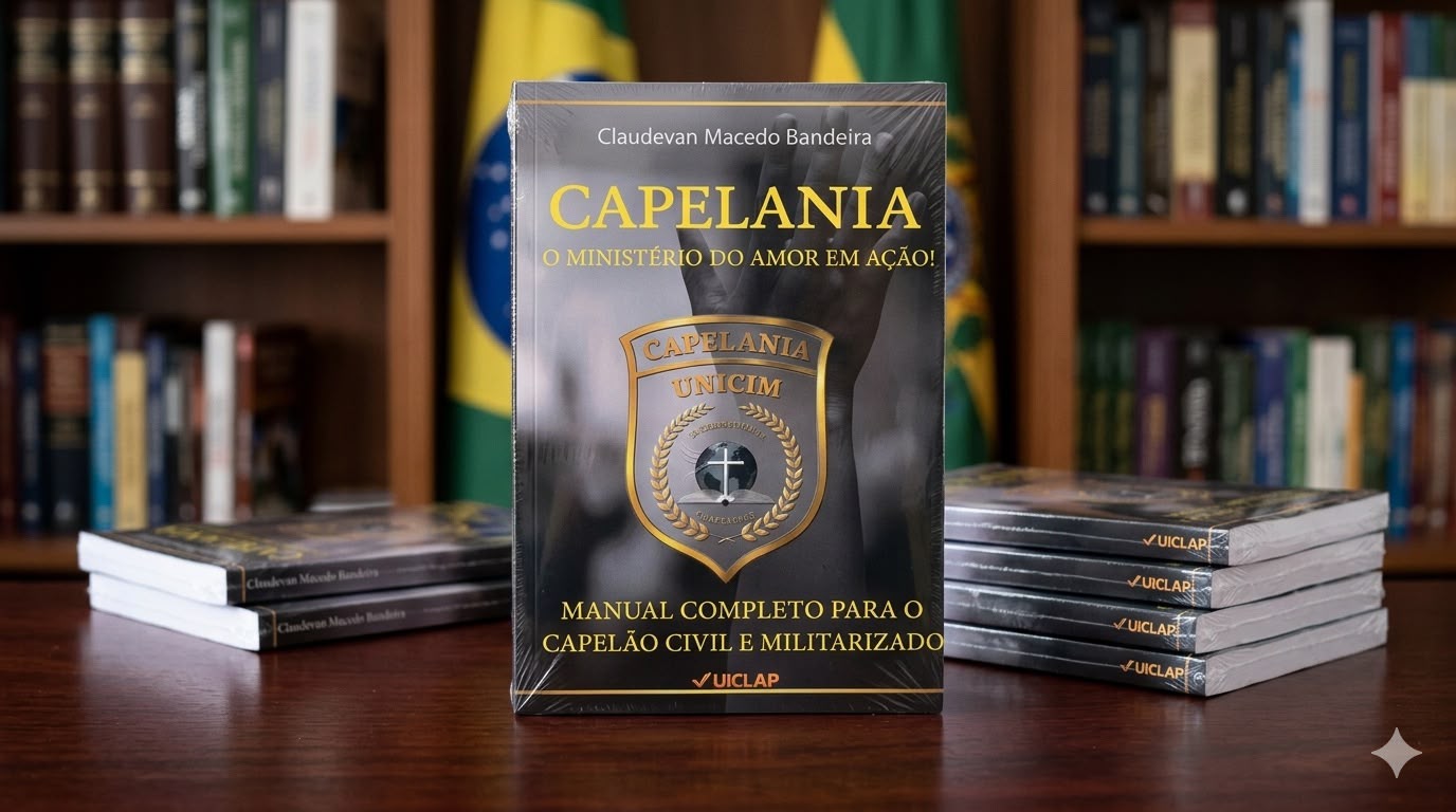 Livro Capelania — O Ministério do Amor em Ação! em destaque com as bandeiras do Brasil ao fundo