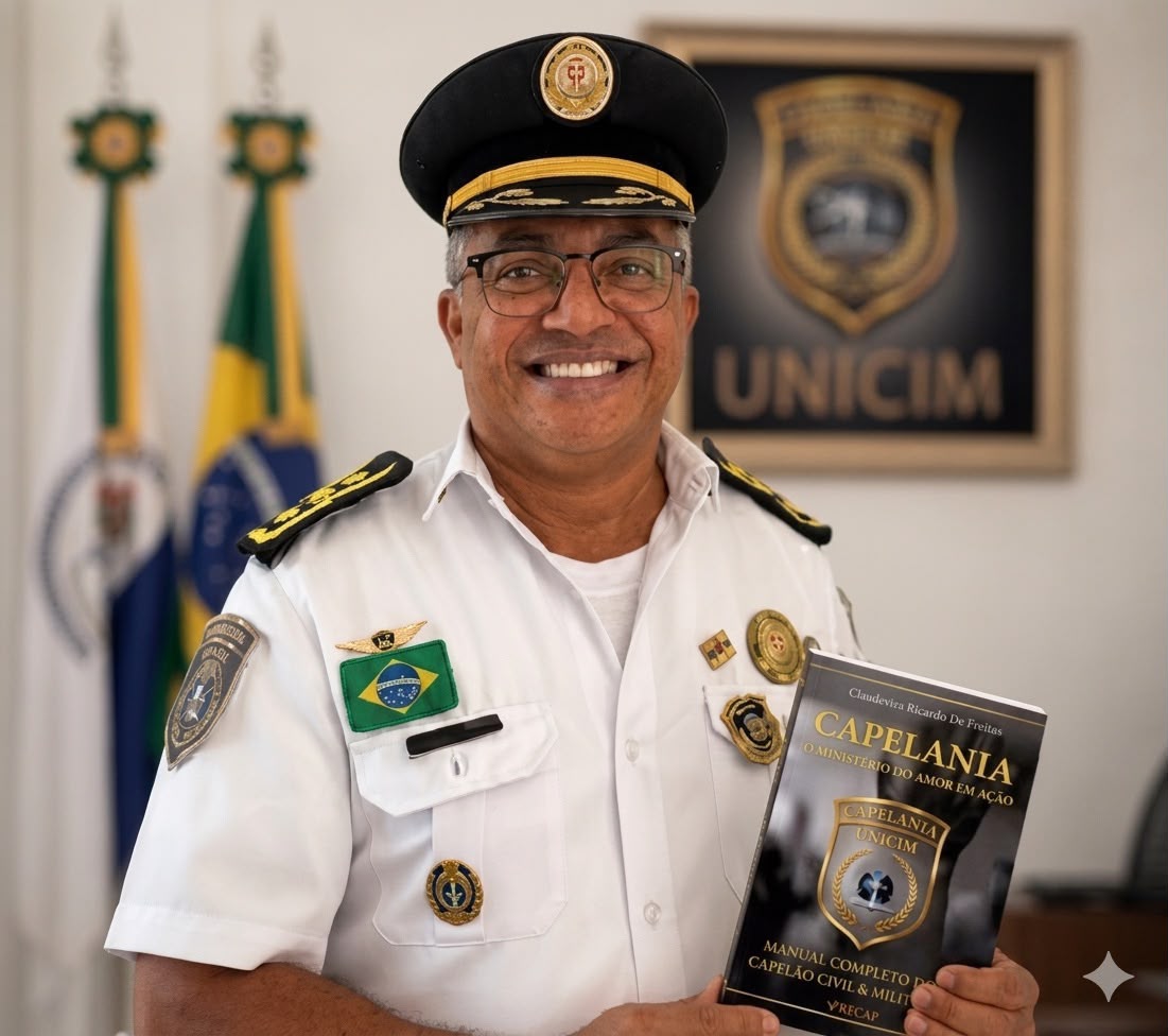 Gen. Claudevan Macedo Bandeira, em farda branca, apresentando o livro